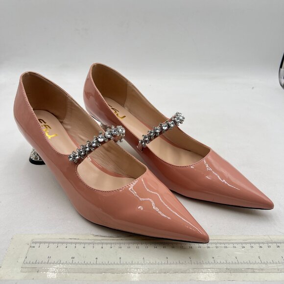 FSJ Nude Cute Slip On Pointed Toe Pumps Low Heels Crystal Mary Jane Shoes - Picture 3 of 7